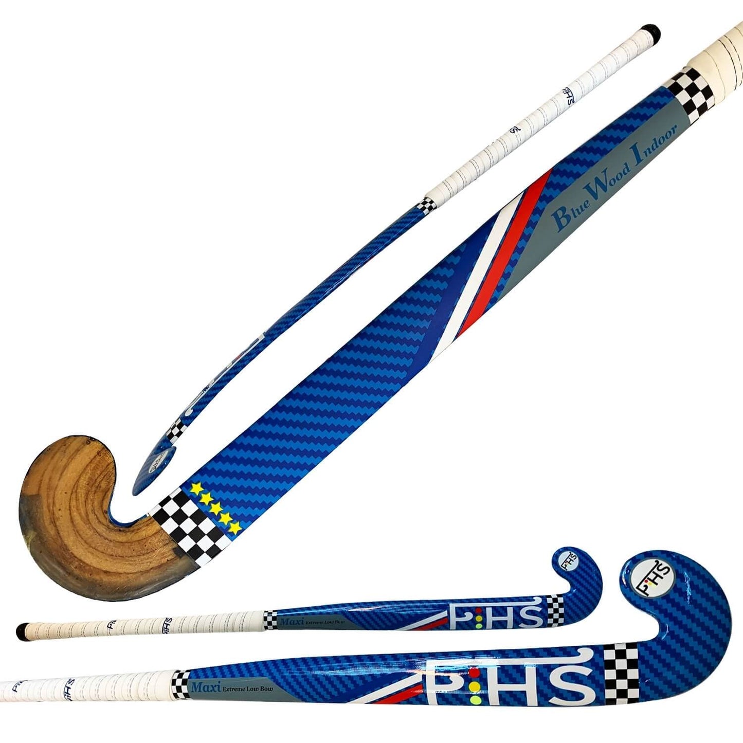 Field Hockey Stick Blue Indoor Wood Extra Low Bow Maxi Shape